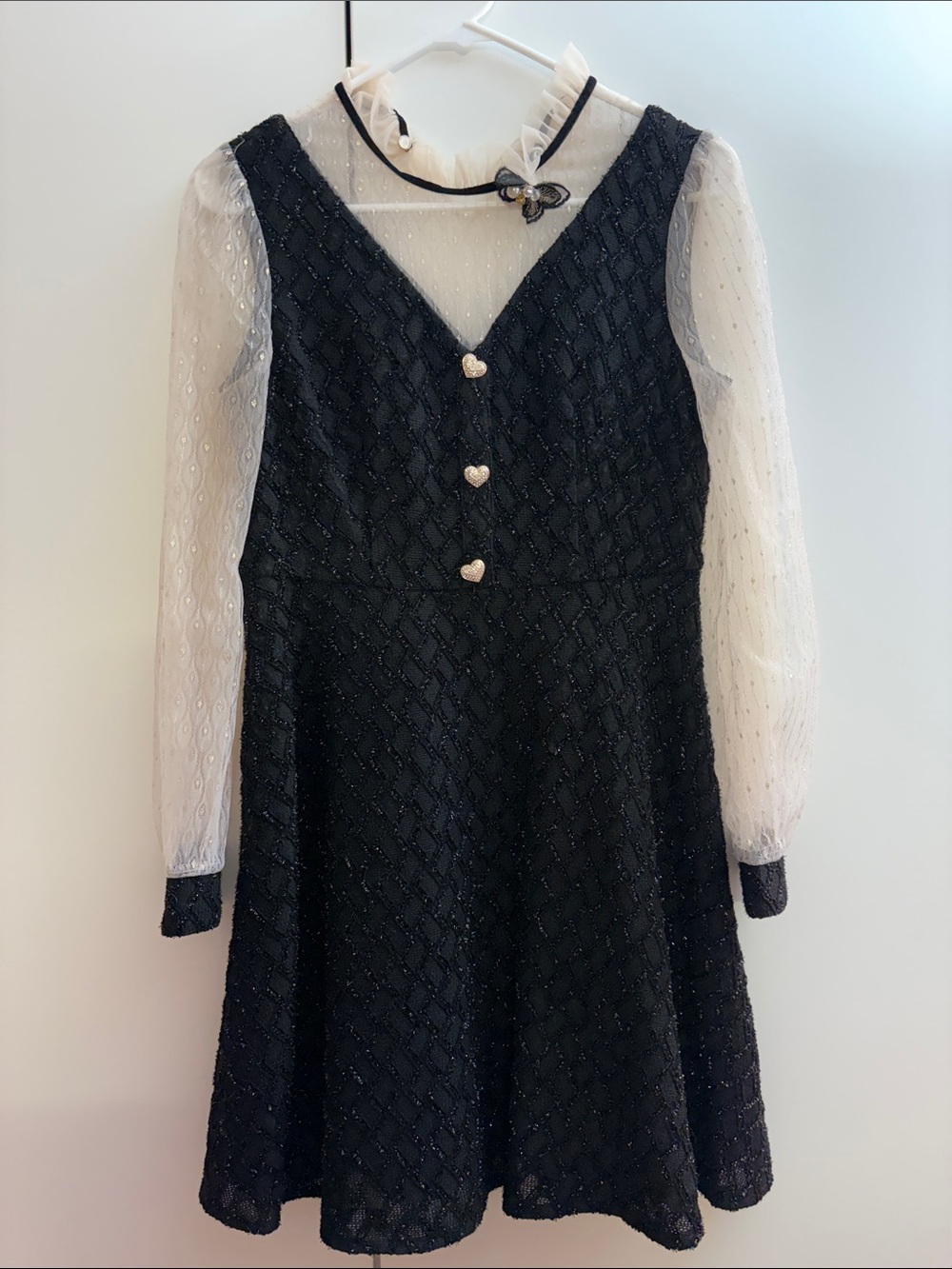 Queenia Short Black Textured V-Neck Party Dress with White Sheer Sleeves - Small